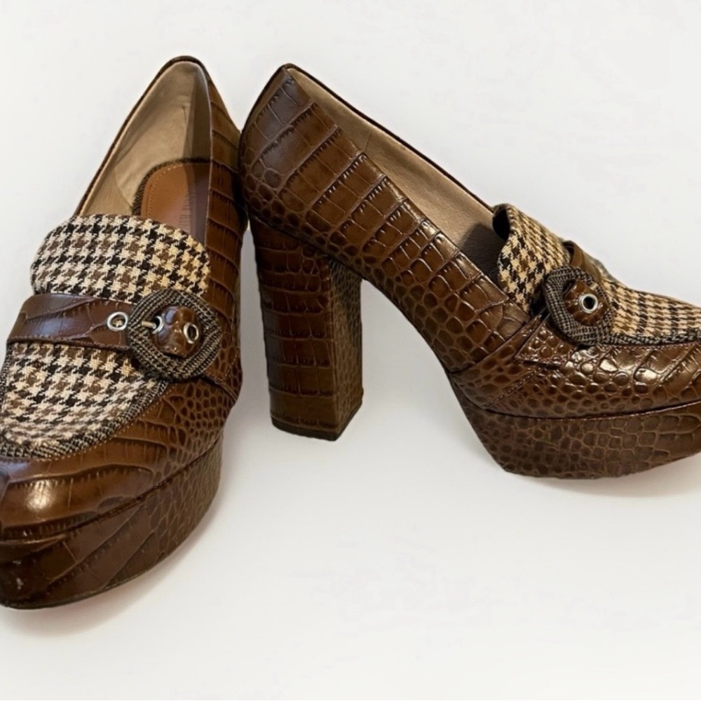 Gianni Bini Houndstooth Leather Mary Jane Buckle Brown Leather Heels Size 9.5